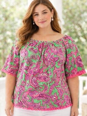 Women’s Pink & Green Off‑Shoulder Printed Top